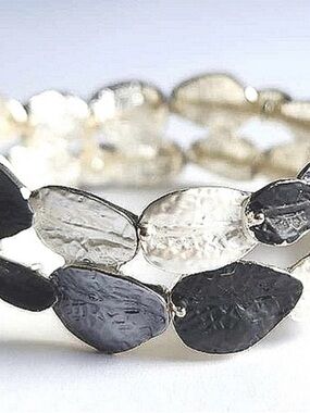 Handcrafted Stretchy Silver, Black and White Metal Leaf Bangle Bracelet